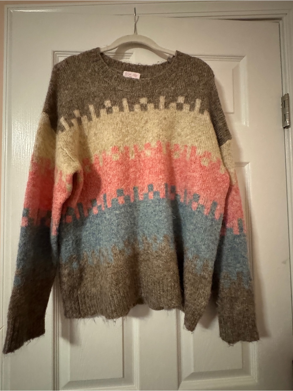 Pink Lily Multicolor Crewneck Sweater - Brown, Cream, Pink, Blue